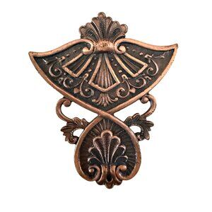 Vintage Ornate Brass Fan Brooch w Scrollwork & Shell Details Estate Jewelry Pin